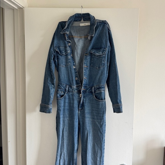 Mango Soft Denim Jumpsuit in Blue Cotton Long Sleeve Buttons - Picture 5 of 6
